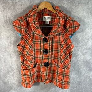 An Ren Jacket Women Medium Orange Cap Sleeve Tartan Peplum Button *See Descrip*